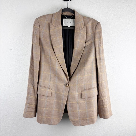 A.L.C. Donovan Plaid Linen Oversized Blazer Jacket Tawny Tan Size 8 Casual - Picture 2 of 8
